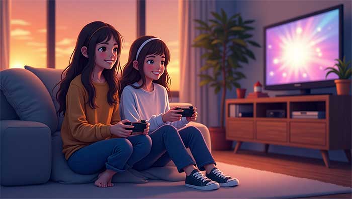 Two girls sitting on the floor playing video games AI-generated content may be incorrect.